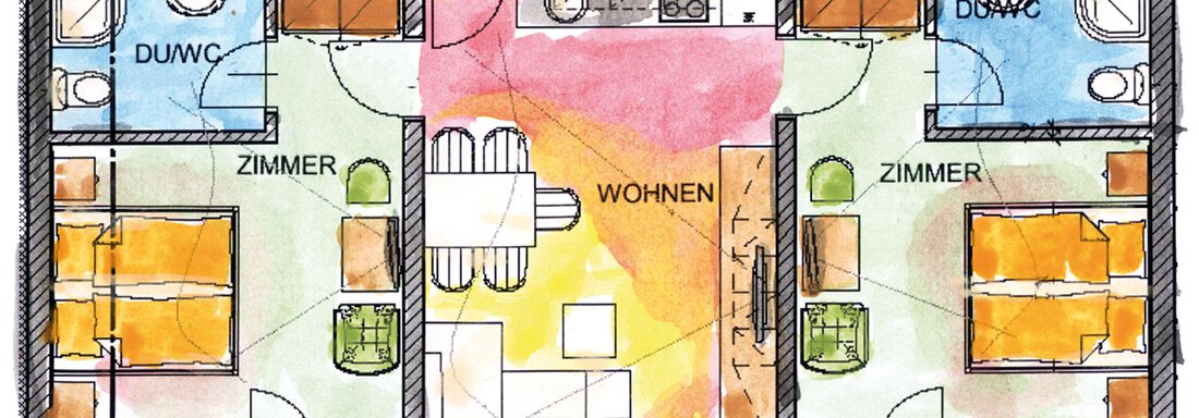 BOOKING-4-6-personenwohnung A colored floor plan sketch of an apartment with two bedrooms, a living room, and a dining area. The layout also shows two bathrooms and a kitchen. - Haus PIA by A CASA - Sölden