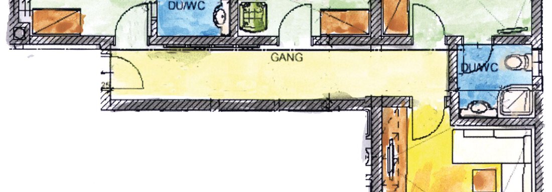 BOOKING-6-8-personenwohnung A floor plan of an apartment with several rooms, including a living room, kitchen, and bathrooms. The rooms are highlighted in color and are located around a central hallway. - Haus PIA by A CASA - Sölden