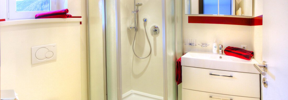 A modern bathroom with a shower cubicle and an elegant washbasin. Red towels give the room a fresher touch. - Haus PIA by A CASA - Sölden