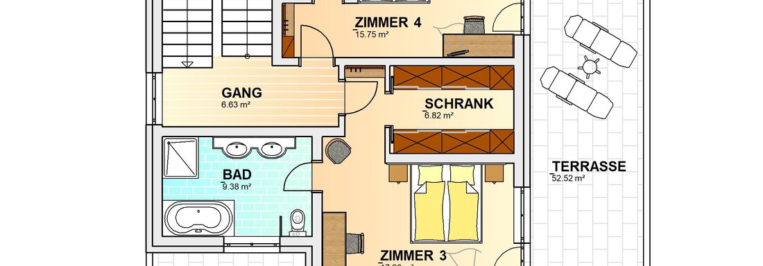 A floor plan drawing of a house with several rooms, a bathroom, and a terrace. The rooms are clearly labeled and show the arrangement of the furniture. - Haus PIA by A CASA - Sölden