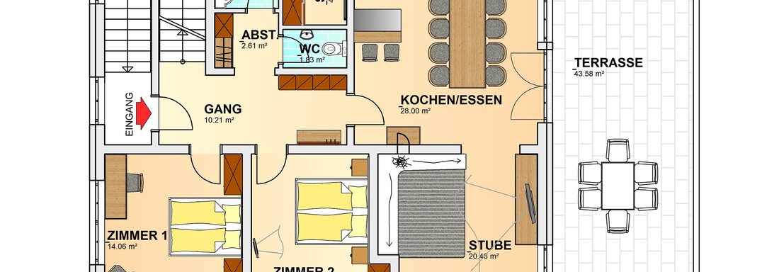 The floor plan of a house with different rooms. Visible are living room, kitchen, bedroom, and terrace. - Haus PIA by A CASA - Sölden