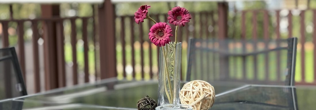 An elegant table with a glass surface, on which a vase with red flowers stands. Next to it lies a decorative type of sphere. - Haus PIA by A CASA - Sölden