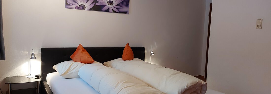 A modern bedroom with a large double bed and two pillows. A picture with purple flowers hangs on the wall, and there are nightstands with lamps. - Haus Pitzwald - Sölden