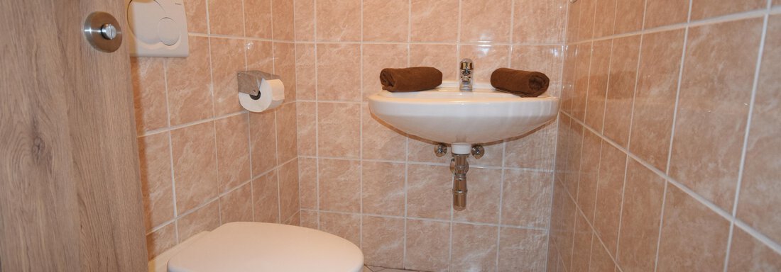 A small bathroom with beige tiled walls. It includes a toilet, a sink, and a window. - Haus Romana - Sölden