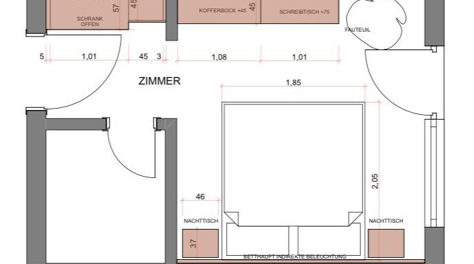 A room layout drawing with various furniture and measurements. The room contains a bed, nightstands, and a dresser. - Haus Sieglinde Color - Sölden