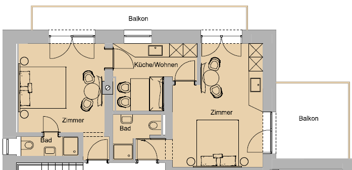 A graphical representation of an apartment floor plan with three rooms, a bathroom, and an open kitchen-living area. The floor plan also shows two balconies. - Haus Sonnwend - Sölden