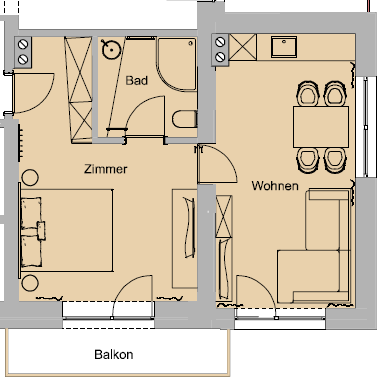 The floor plan shows an apartment with one bedroom, one bathroom, and a living area. There is also a balcony that expands the space. - Haus Sonnwend - Sölden