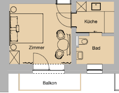 The image shows a floor plan of an apartment with a living room, a kitchen, a bathroom, and a balcony. The rooms are clearly separated from each other and well arranged. - Haus Sonnwend - Sölden