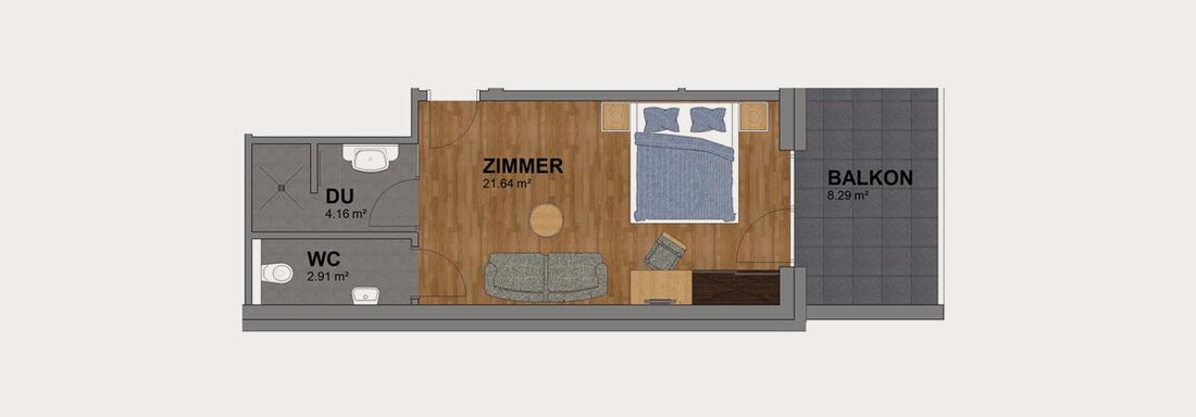 A floor plan drawing of an apartment with one bedroom, a bathroom, and a balcony. The different areas are clearly labeled. - Haus Stefanie - Sölden