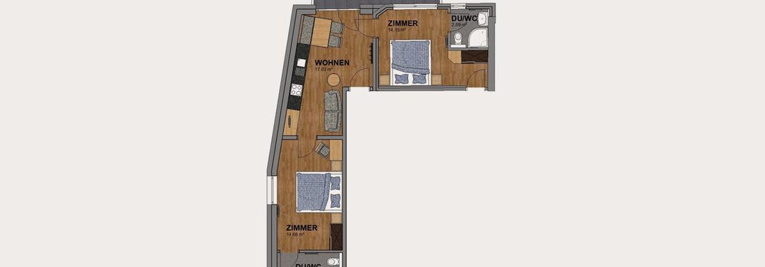 Floor plan of a modern apartment with two bedrooms, one bathroom, and a balcony. The living area is open-plan and features hardwood flooring. - Haus Stefanie - Sölden