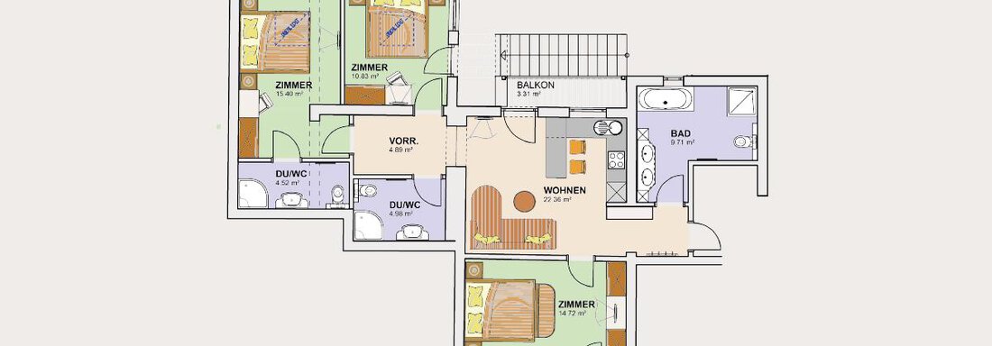 A floor plan of an apartment with multiple rooms, including a living room, bedroom, and kitchen. The plan also shows a balcony and the arrangement of the rooms. - Haus Stefanie - Sölden