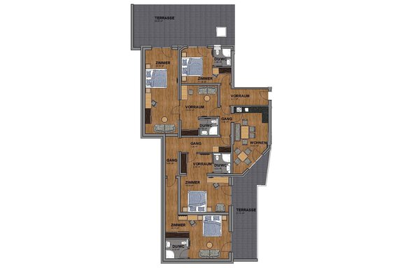 An apartment floor plan with multiple rooms, including a bedroom, living room, and a terrace. The decor is modern and well-structured. - Haus Stefanie - Sölden