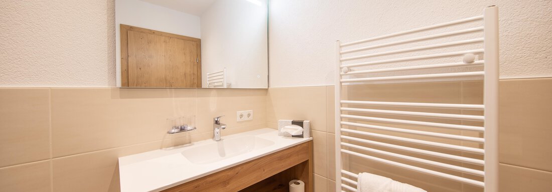 A modern bathroom with a sink, a mirror, and a towel warmer. The decor is in light colors and feels clean and inviting. - Haus Stefanie - Sölden