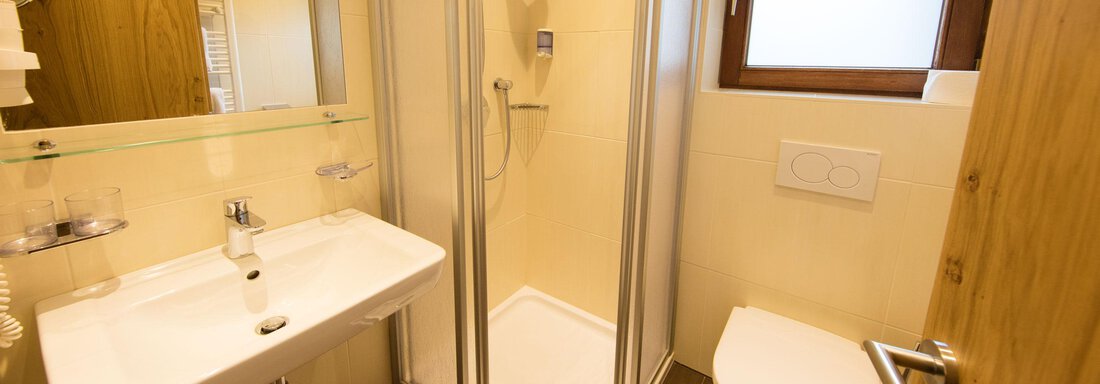 A modern bathroom with a shower, sink, and toilet. It has bright walls and a window for daylight. - Haus Stefanie - Sölden