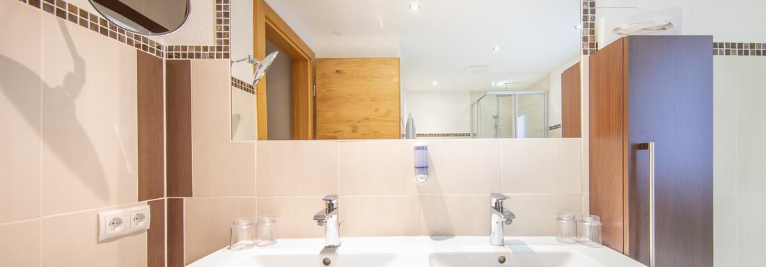 A modern bathroom with a double sink and two faucets. In the background, there is a large mirror and light-colored walls. - Haus Stefanie - Sölden
