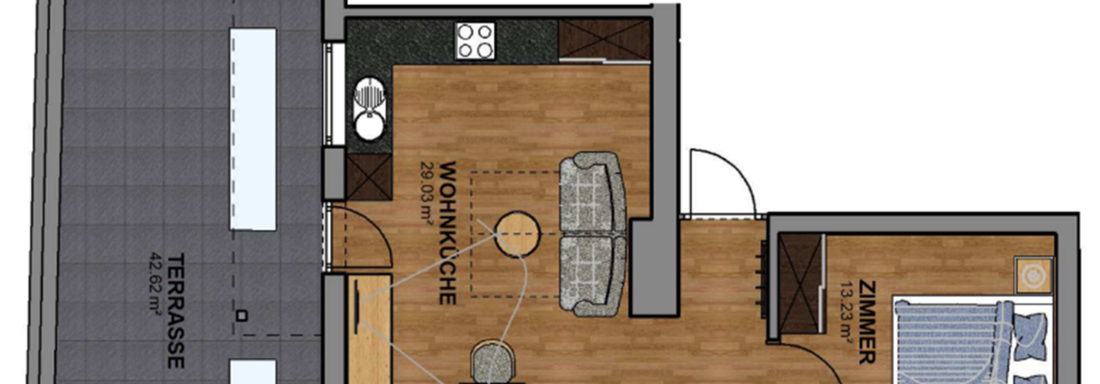 A floor plan sketch of an apartment with two bedrooms, a living area, and a terrace. The design features an open layout with furniture and a kitchen area. - Haus Stefanie - Sölden