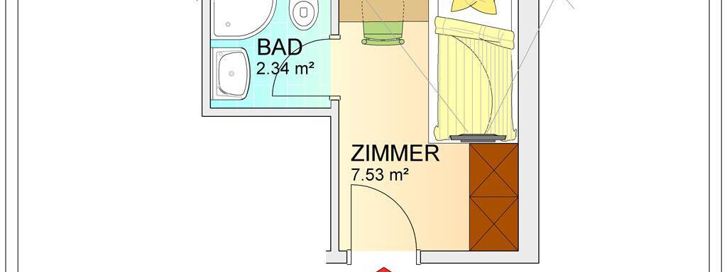 A floor plan of a single room on the upper floor. The room has an area of 7.53 m² and an adjoining bathroom of 2.34 m². - Haus Tanja - Sölden
