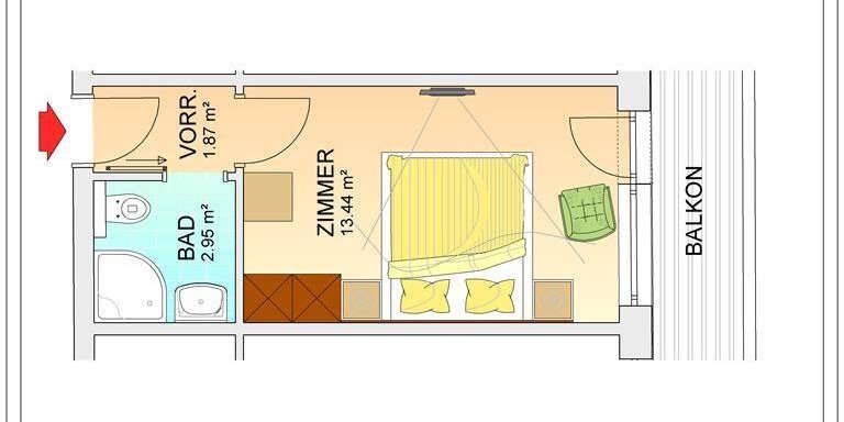 A simple floor plan representation of an apartment. It shows a bedroom, a bathroom, and a balcony. - Haus Tanja - Sölden