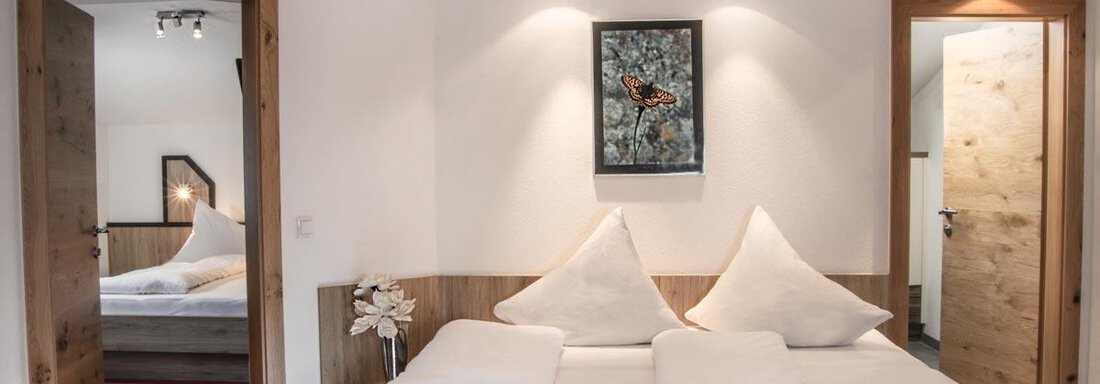 An elegant bedroom with a double bed and two large pillows. In the background, another room is visible, and a painting with a butterfly depiction is hanging on the wall. - Haus Tanja - Sölden