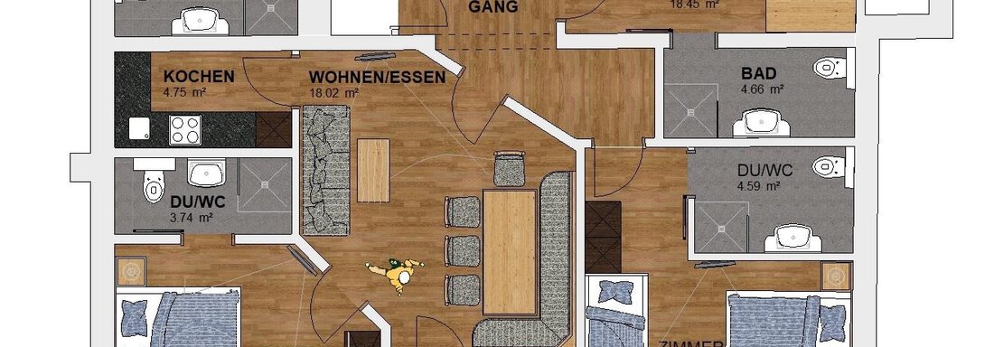 A floor plan for the attic with several rooms, bathrooms, and a kitchen. The design features an open living area with access to the balcony. - Haus Tanja - Sölden