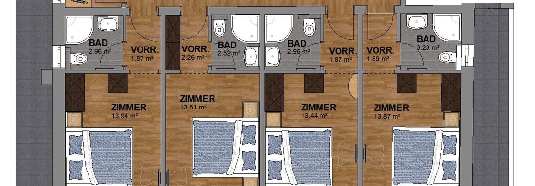 A floor plan for the upper floor with space for 8 people. It includes four bedrooms, two bathrooms, a living kitchen, and a balcony. - Haus Tanja - Sölden