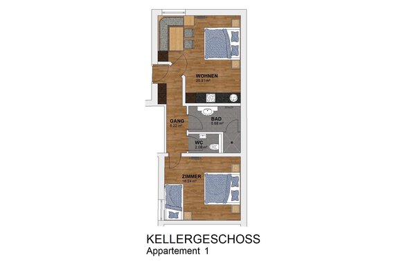 A floor plan of an apartment in the basement. The rooms include a living room, a bedroom, a bathroom, and a hallway. - Haus Tanja - Sölden