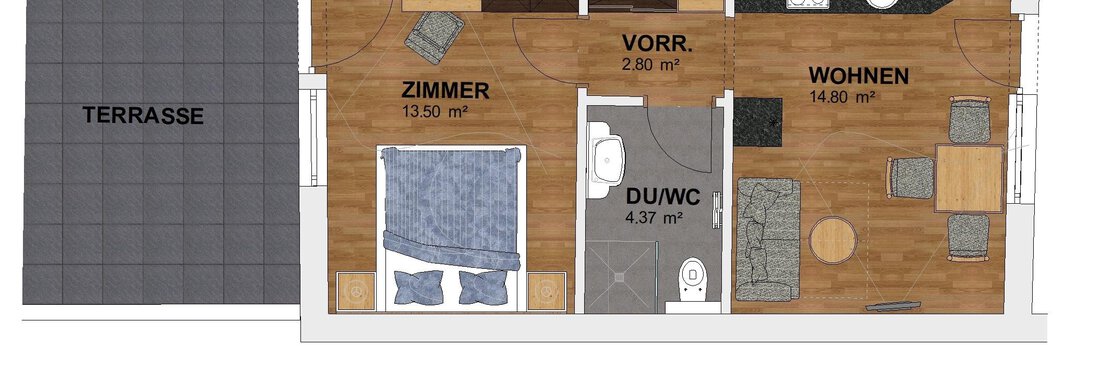 The image shows a floor plan of an apartment in the basement. Various rooms are marked, such as a bedroom, a living area, and a shower-toilet. - Haus Tanja - Sölden