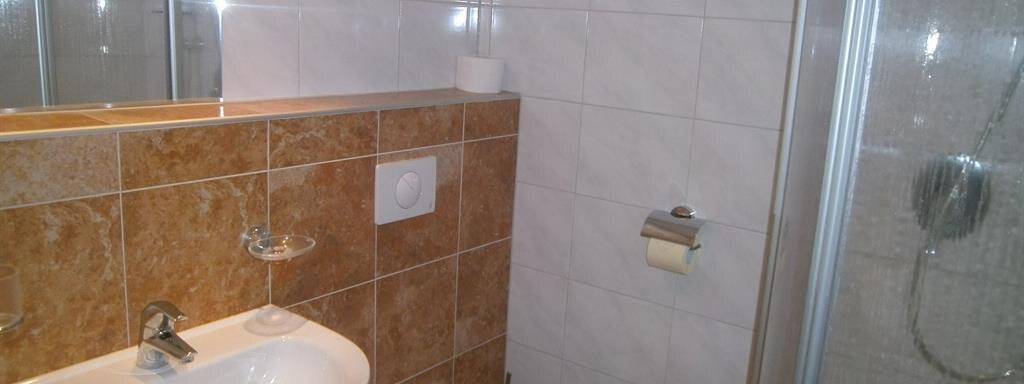A modern bathroom with a sink and a shower. The walls are partially tiled and there is a toilet. - Hirschenhof - Sölden