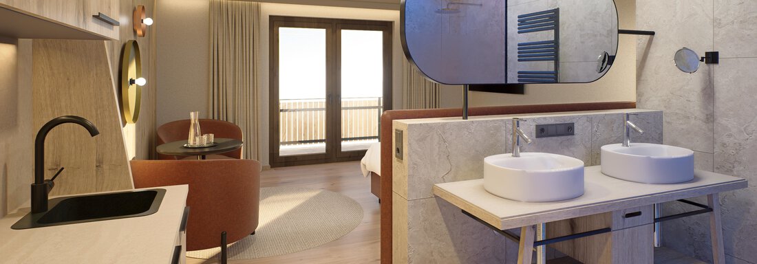 A modern bathroom with two sinks and a stylish shower. The space is bright and equipped with minimalist design. - Hotel Alpina - Sölden