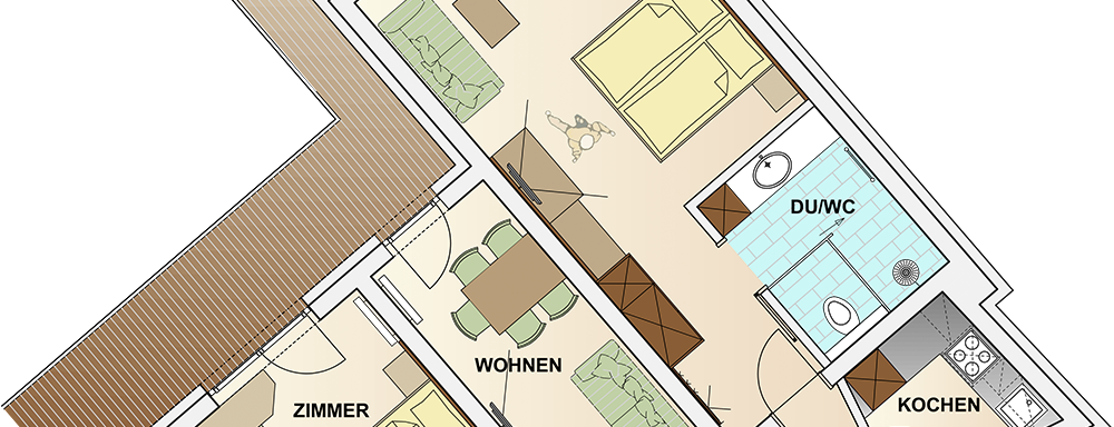 An overview of an apartment layout with several rooms, a living room, and a kitchen. The plan also shows a balcony and three bathrooms. - Hotel Elisabeth - Sölden
