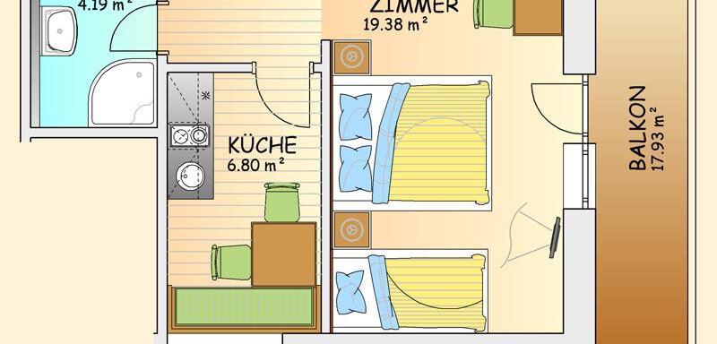 A simple floor plan of an apartment. It shows two bedrooms, a kitchen, a bathroom, and a balcony. - Hotel Garni Ehrenreich - Sölden