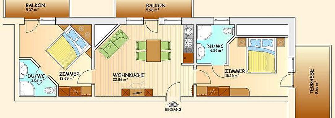 A floor plan of an apartment with several rooms, including two bathrooms and a living area. There are two balconies and a terrace. - Hotel Garni Ehrenreich - Sölden