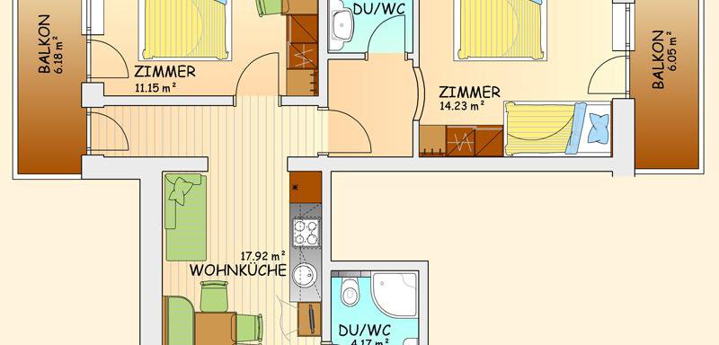 An apartment floor plan with four rooms, a living kitchen, and two bathrooms. There are two balconies that provide access to the bedrooms. - Hotel Garni Ehrenreich - Sölden