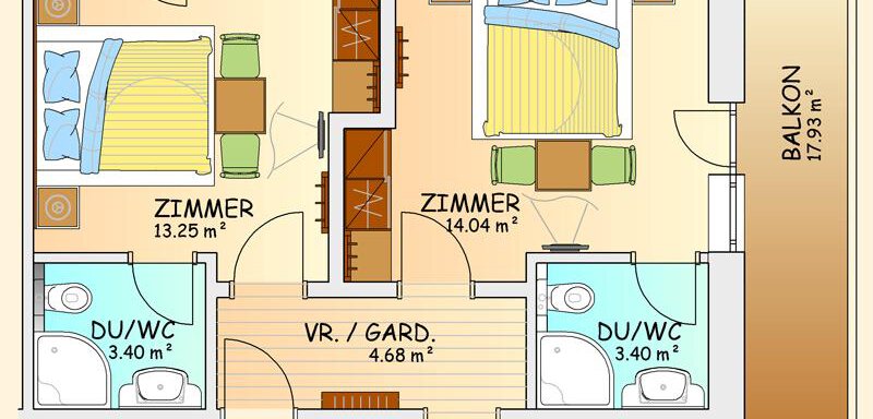 A technical drawing of a floor plan with two bedrooms, two bathrooms, and a kitchen. The balcony and the terrace are also included. - Hotel Garni Ehrenreich - Sölden