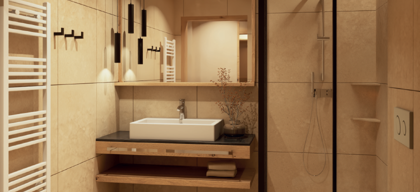 A modern bathroom with bright tiles and a clear shower cabin. There is a sink on a wooden shelf and a large mirror. - Hotel Garni Hainbacherhof - Sölden