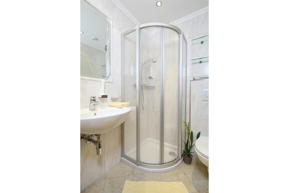 A modern bathroom with a shower cabin and a sink. The walls are light tiled and there is a small plant in the room. - Hotel Sportpension Carinthia - Sölden