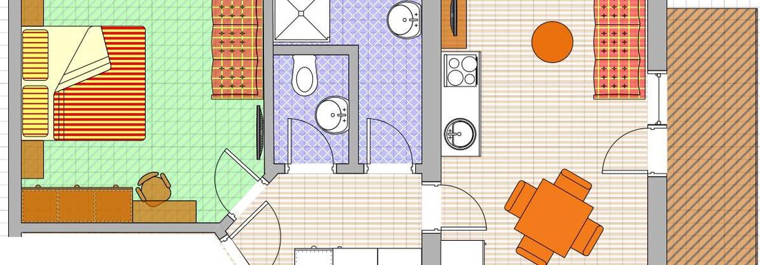 An apartment with two rooms, a kitchen, and a bathroom. The floor plan shows an open living and dining area with an orange table. - Hotelappart Peter - Sölden