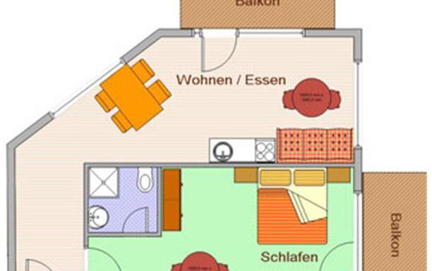 A simple floor plan drawing of an apartment with a living and dining area, a bedroom, and two balconies. The rooms are clearly arranged and sketched with furniture. - Hotelappart Peter - Sölden