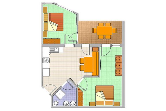 An apartment with an open living room, a kitchen, two bedrooms, and a dining area. The rooms are bright and clearly arranged. - Hotelappart Peter - Sölden
