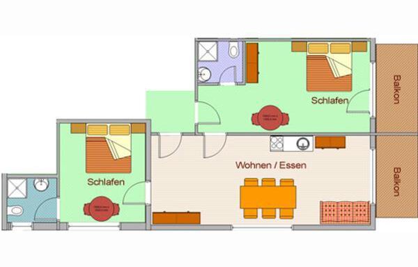 An apartment drawing with two bedrooms, a living and dining area, as well as two balconies. The rooms are functionally arranged. - Hotelappart Peter - Sölden