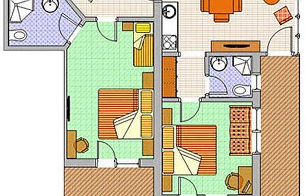 A floor plan of an apartment with two bedrooms, a living room, and a kitchen. The rooms are clearly arranged and outlined with furniture. - Hotelappart Peter - Sölden