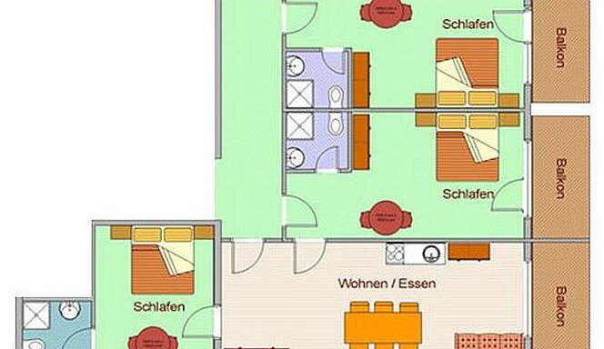 An apartment with three bedrooms and an open living and dining area. There are two balconies and a bathroom. - Hotelappart Peter - Sölden
