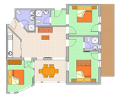 A floor plan of an apartment with several rooms. The layout includes a living room, two bedrooms, and a kitchen. - Hotelappart Peter - Sölden