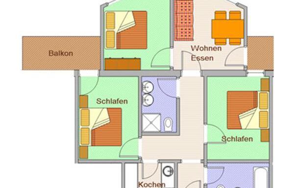 An apartment floor plan with a balcony, two bedrooms, a bathroom, and an open living and dining area. The rooms are clearly organized and functionally designed. - Hotelappart Peter - Sölden