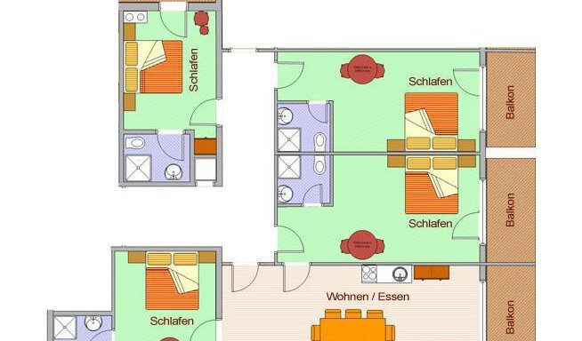 Floor plan of an apartment with three bedrooms and a living/dining area. There are two balconies and two bathrooms. - Hotelappart Peter - Sölden