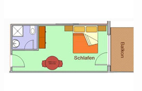 A floor plan of a small apartment with one bedroom, bathroom, and a balcony. The living area is simply and functionally designed. - Hotelappart Peter - Sölden