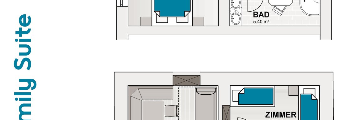 A floor plan representation of the family suite with two levels. It shows the bedroom, living kitchen, bathroom, and balcony. - Lutonia Appartements Sölden - Sölden