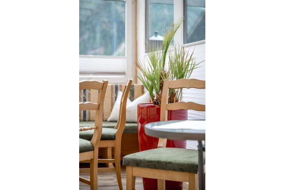 A cozy interior with light wooden chairs and a green table. In the background stands a red flowerpot with a plant. - Lyns Home - Sölden