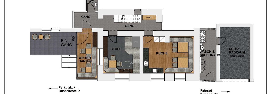 The picture shows a floor plan for the ground floor of a house. Various rooms such as kitchen, living room, and bathroom are marked. - Lyns Home - Sölden