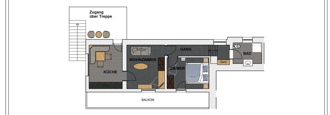 A floor plan of an apartment on the first floor. The rooms include a kitchen, a living room, a bathroom, and a balcony. - Lyns Home - Sölden